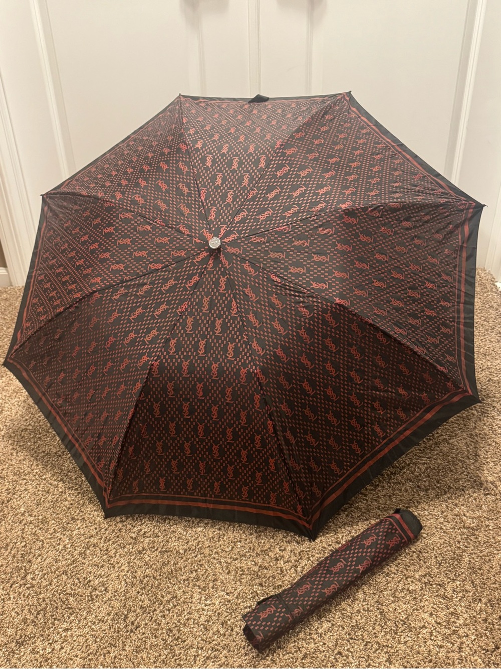 Authentic YSL Yves Saint Laurent Monogram Umbrella Black Red W/ Cover